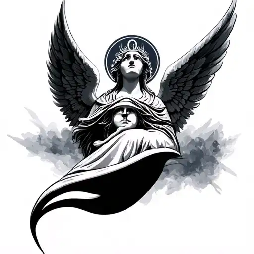 Angel With Wings Looking Up At Eye Of Horus