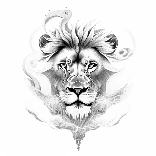 A Black-grey Tattoo Of A Lion Roaring With A Background Of Waves Crashing Against Rocks