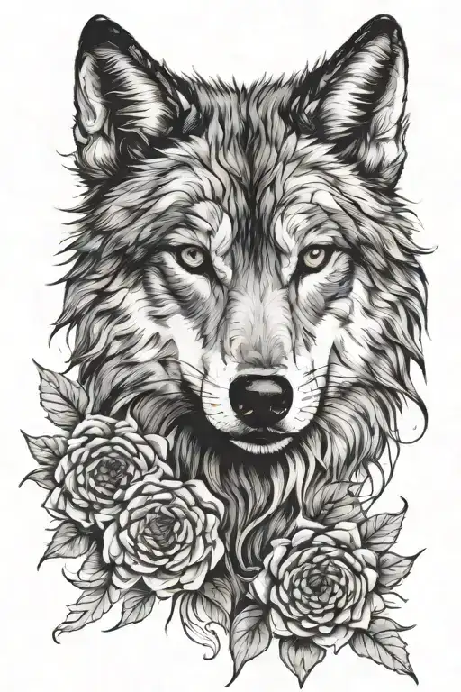 Wolf Intense Look Front Face And Chrysanthemum Flower