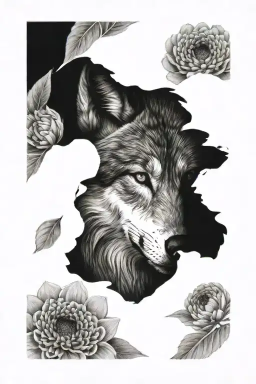 Wolf Intense Look Front Face And Chrysanthemum Flower Realism