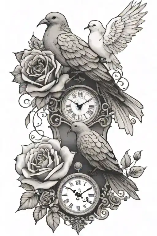 Rose And Clock And Doves Snuggling And Standing