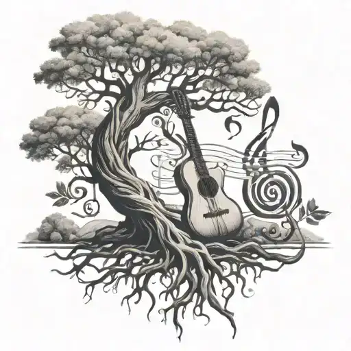 A Black And Grey Tattoo Of A Tree With Roots Shaped Like Musical Instruments