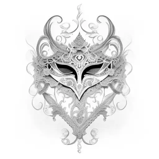 A Black And Grey Tattoo Of A Venetian Carnivale Mask With Intricate Lace-like Patterns