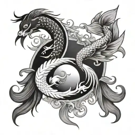 Yin And Yang With Koi Fish Black On The Left And A Phoenix White On The Right