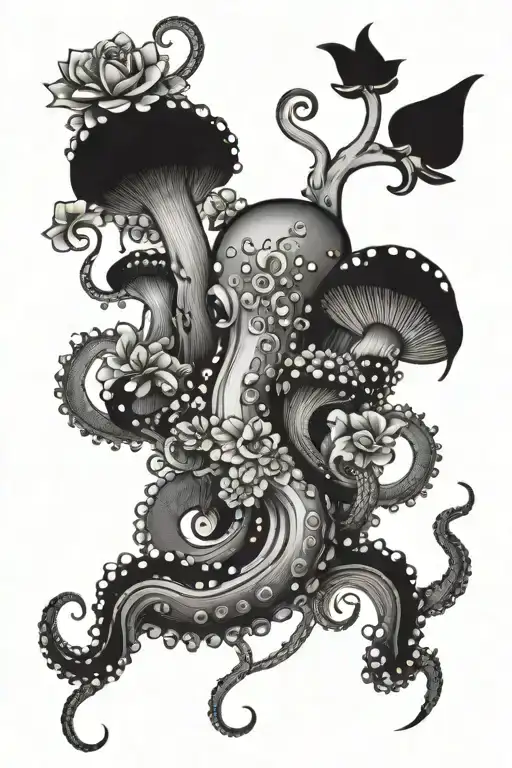 Octopus Tentacle With Flowers And Mushrooms Coming Off Of It