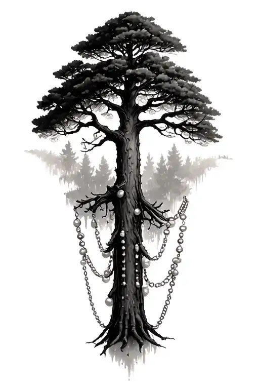 Sequoia Tree With A Chain Of Pearls Hanging From The Branch