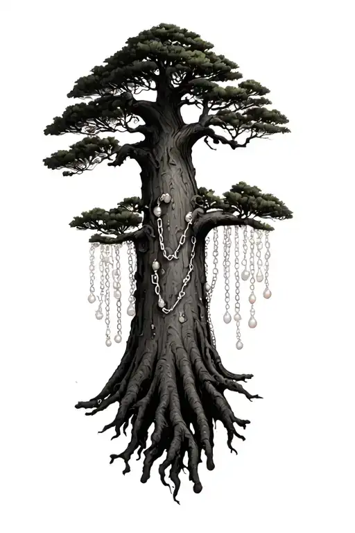 Sequoia Tree With A Chain Of Pearls Hanging From The Branch