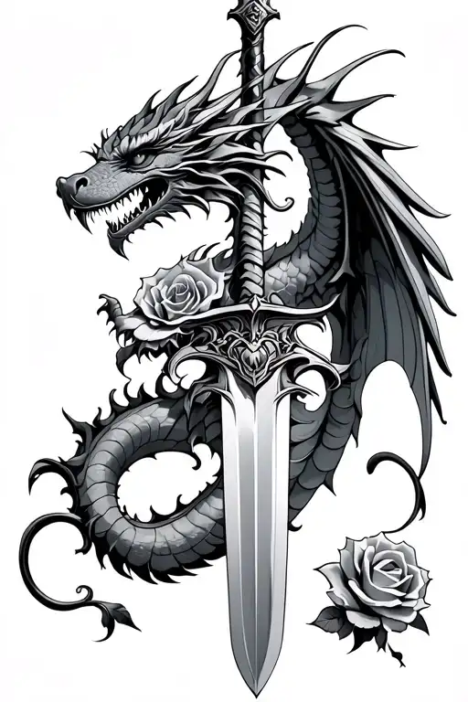 Dragon Rapped Around A Sword With Rose With The Wings Going Down My Shoulder Blade Spine Tat