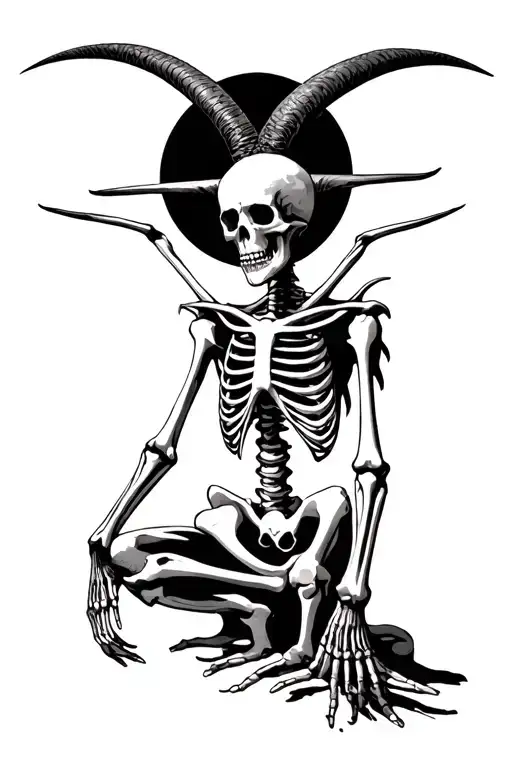Baphomet As Skeleton Full Body With A Black Sun Over His Head