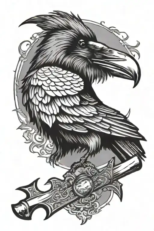 Raven Perched On Axe Embedded