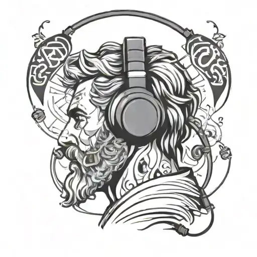 A Black And Grey Portrait Of A Scientist In A Gaming Headset Surrounded By Greek Symbols
