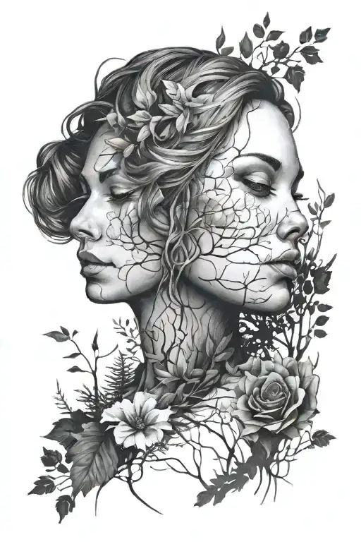 Realistic Woman Tightly Embraced With Forest Silhouette In The Background