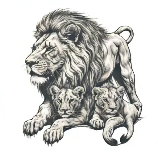 Lion And Lioness Protecting 2 Cubs