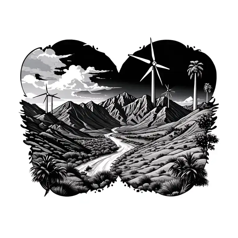 3 Traingles And Palm Spring Desert Mountains With Windmills In The Mountains