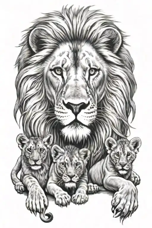 Lion And Lioness Protecting Her 2 Cubs