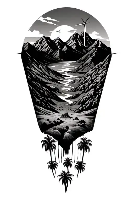 Upside Down Traingles And Palm Spring Desert Mountains With Windmills In The Mountains