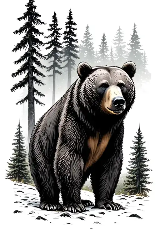 Bear Standing In Pacific Northwest Forest With Alot Of Trees