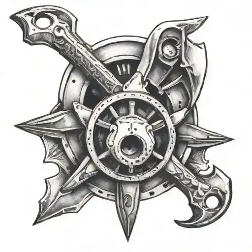 Two Wrenches Crossed In The Background Of A Ships Propeller
