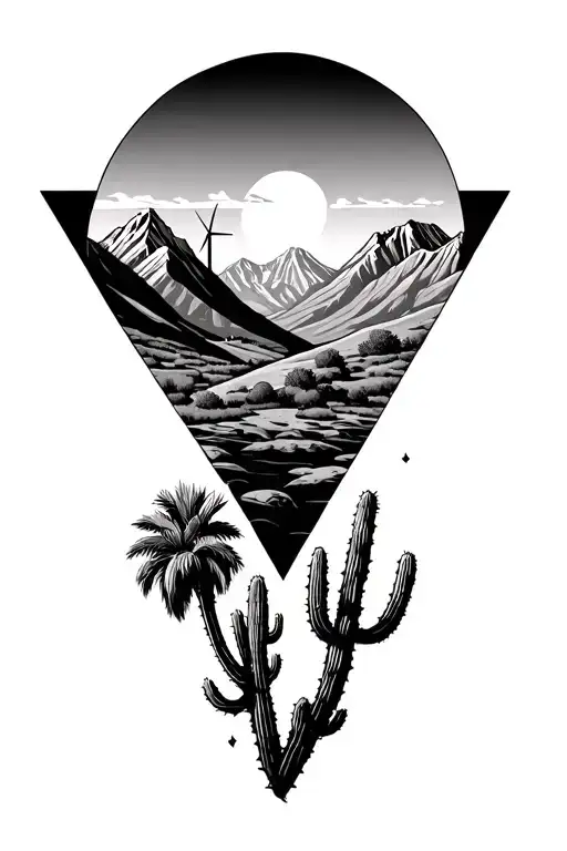 3 Triangles Palm Spring Desert Mountains With Windmills In The Mountains And Cactus