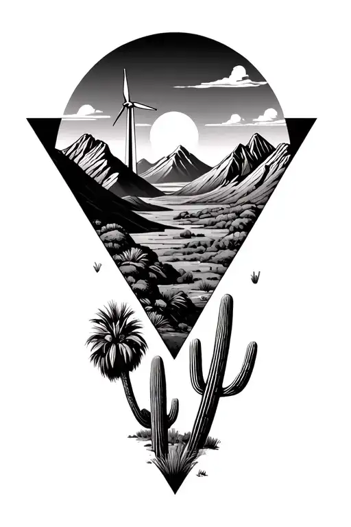 3 Triangles Palm Spring Desert Mountains With Windmills In The Mountains And Cactus