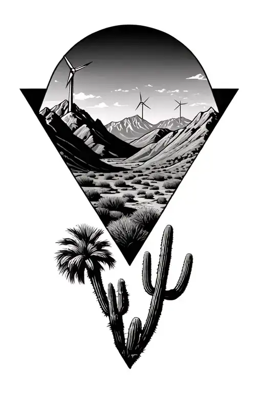 3 Triangles Palm Spring Desert Mountains With Windmills In The Mountains And Cactus