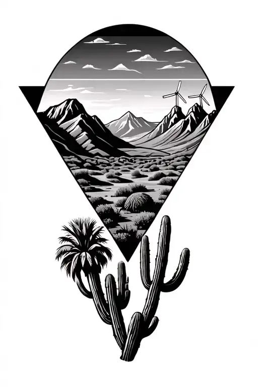 3 Triangles Palm Spring Desert Mountains With Windmills In The Mountains And Cactus