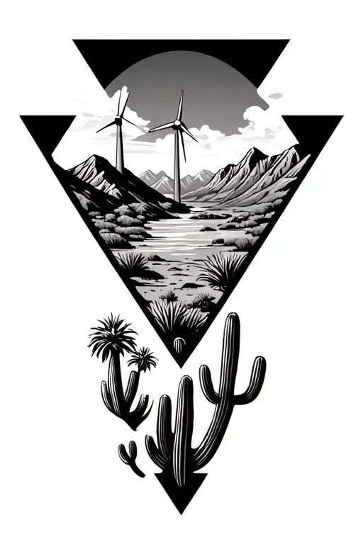 3 Triangles Palm Spring Desert Mountains With Windmills In The Mountains And Cactus
