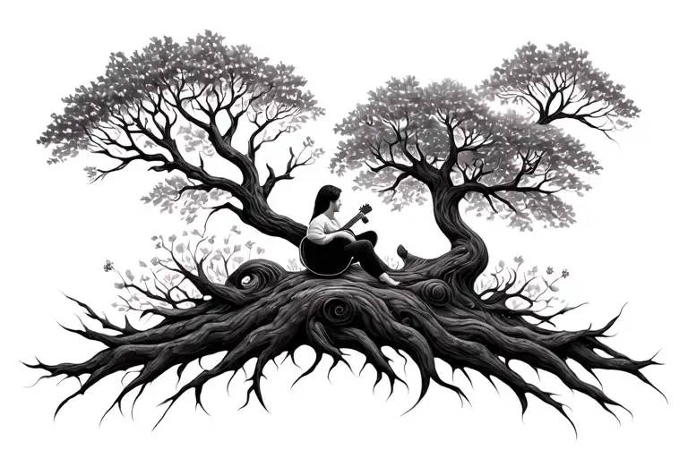 Tree Of Life Symbol With Someone Sat Under It Playing Guitar