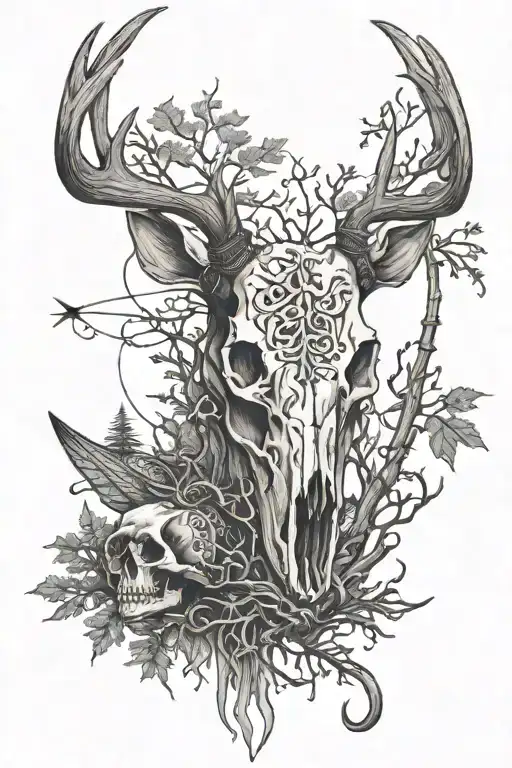 Deer Skull And Fishing Hook With Trees
