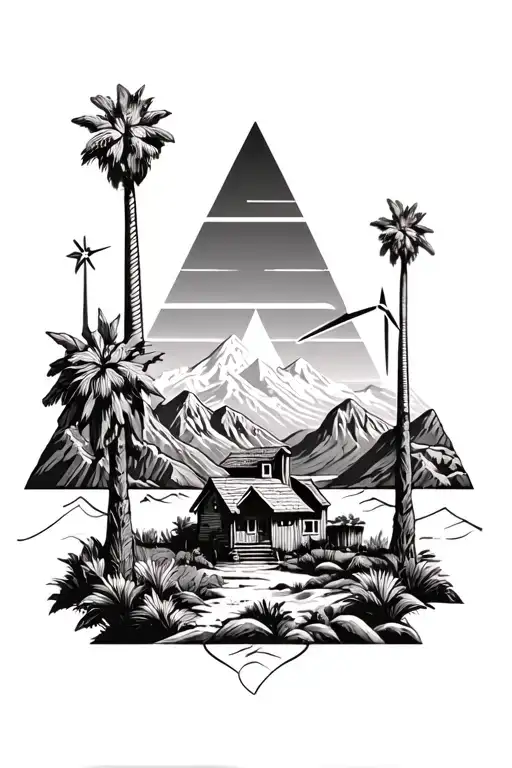 Palm Springs Mountains And 3 Triangles Add Windmills And Palm Trees