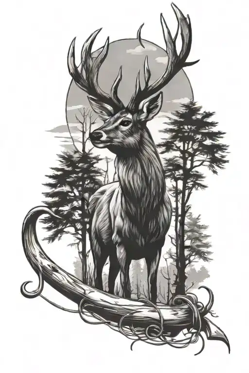 Deer And Fishing Hook With Trees In The Background