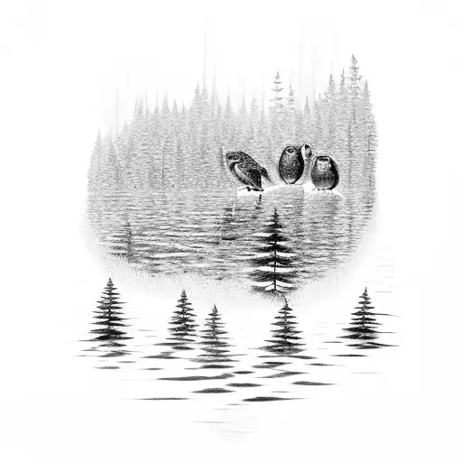 Muskoka Trees Lake Reflection Fire With Owls