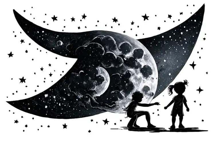 Crescent Moon With Two Kids Playing