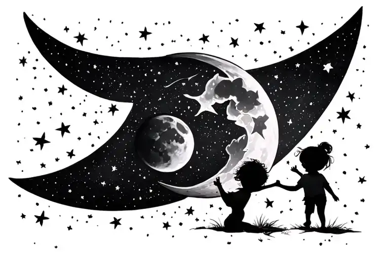 Crescent Moon With Two Kids Playing