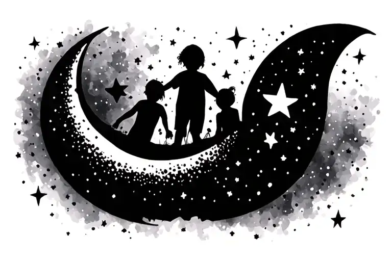 Crescent Moon Dotted Stars With Two Kids Playing
