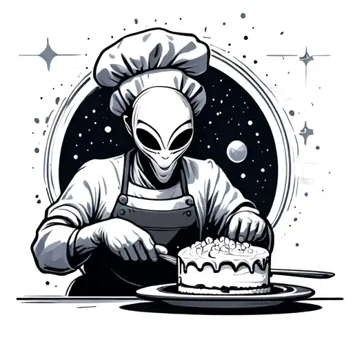 An Alien Chef Baking A Cake In Outer Space