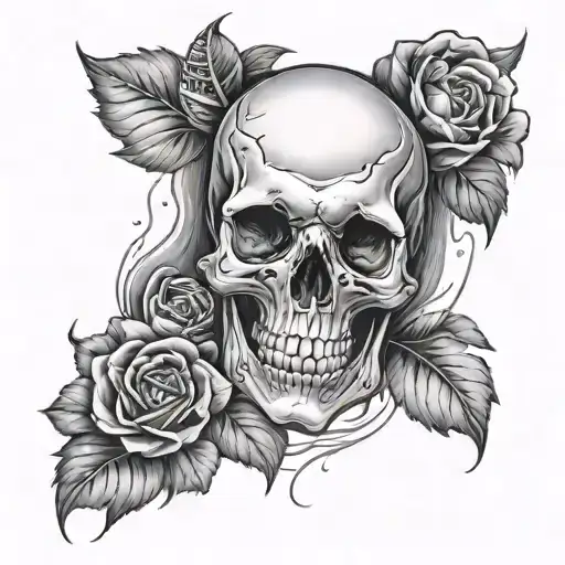 Detailed Skull Sleeve Tattoo With Realistic Shading And Dark Atmospheric Background