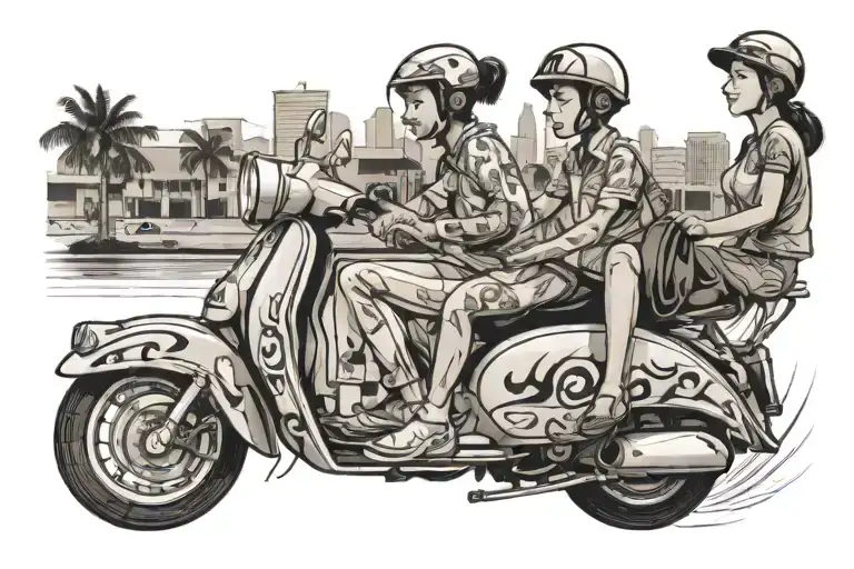 Women Riding A Scooty Pep Beside Of Her One Boy Is Sitting In Cartoon