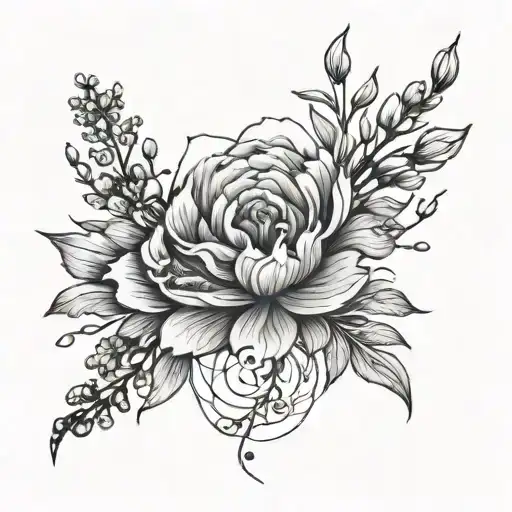 Vertical Minimalist Fine Line Tattoo With Semi Spiral Lines And Touch Of Larkspur