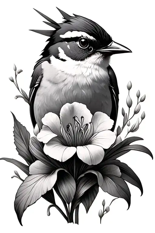 Male Robin And Iris Flower