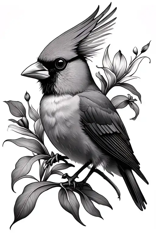 Male Cardinal And Iris Flower