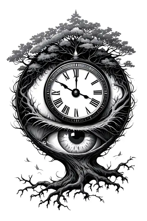 Landscape And Clock With An Eye With A Tree Of Life