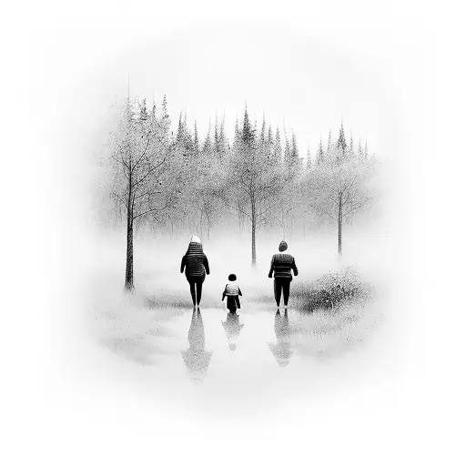 Family Of 4 Walking Through A Misty Forest