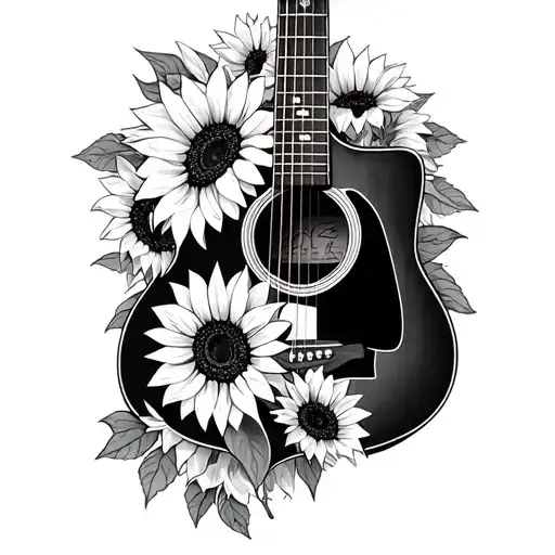 Acoustic Guitar With Sunflowers And Memorial Ribbon