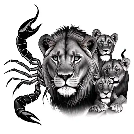 A Lioness And Two Lion Cubs Surrounded By A Scorpion