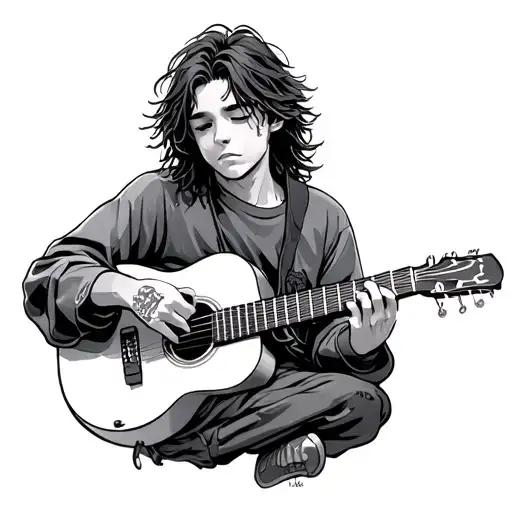 A Boy Playin Guitar With Long Hair And Wearing Baggy Clothes