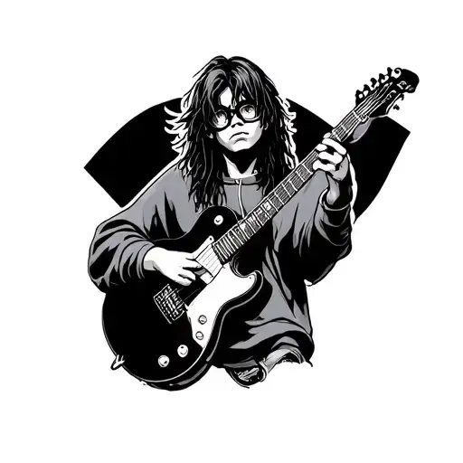 A Boy Playin Guitar With Long Hair And Wearing Baggy Clothes And Glasses