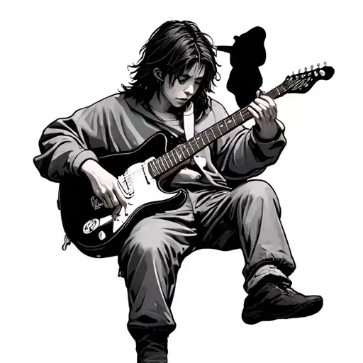 A Boy Playin Guitar With Long Hair And Wearing Baggy Clothes