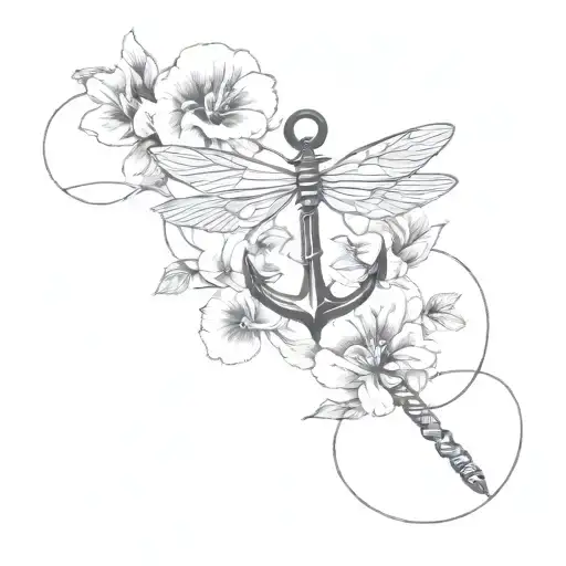 Navy Anchor With Dragonfly And Pansy Flowers Growing