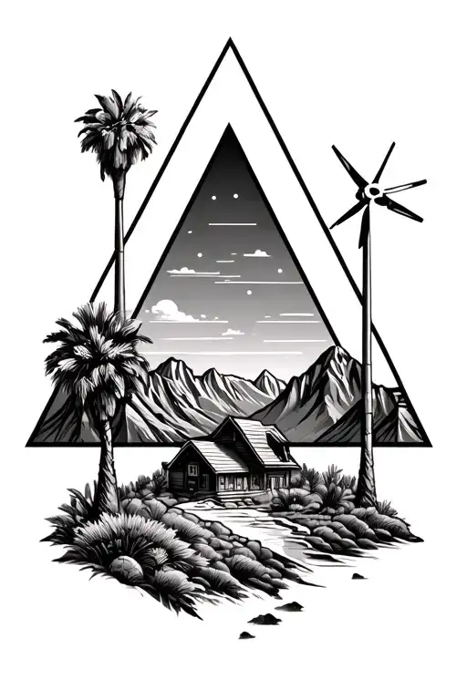 Palm Springs Mountains And 3 Triangles Add Windmills And Palm Trees